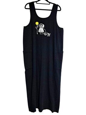 Vintage Jumper Dress Size M POG Black Cotton Midi Length Womens Printed Sleevele